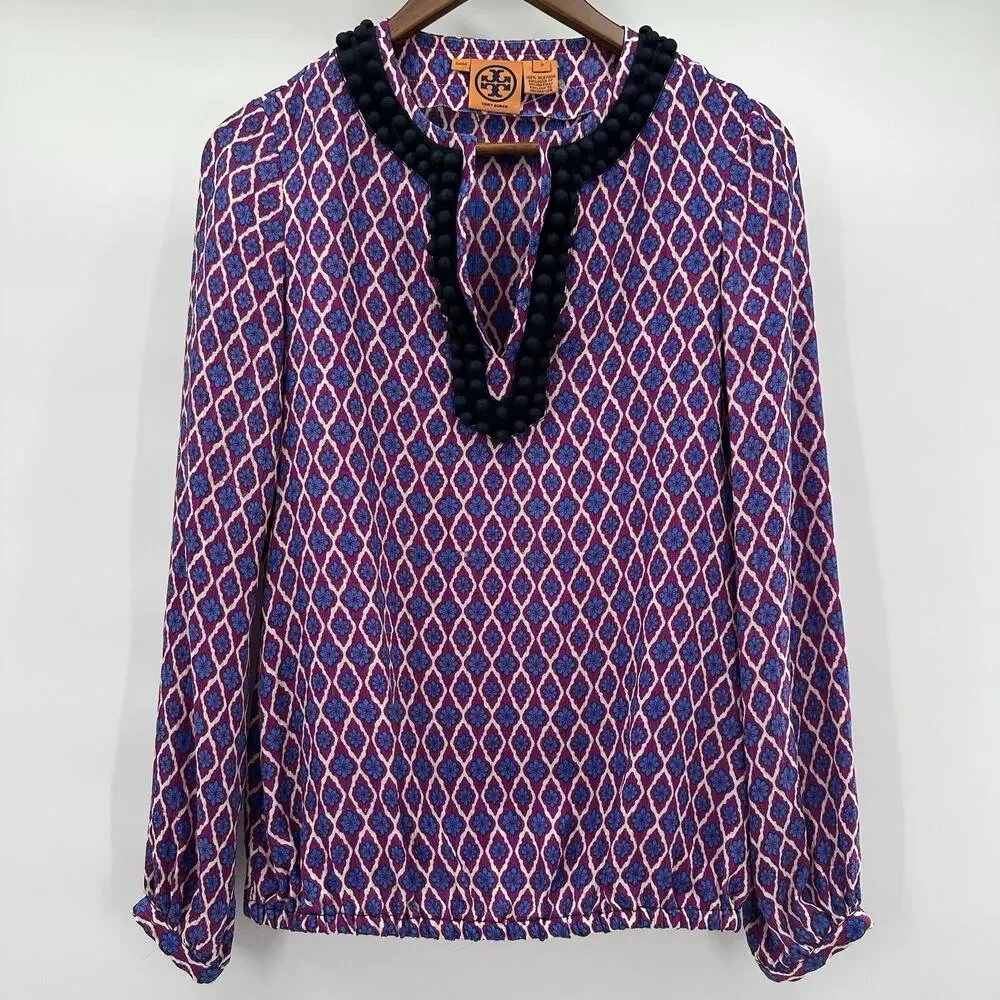 Tory‎ Burch Top Blouse Womens 0 Purple Bubble Tunic Floral Geometric Long